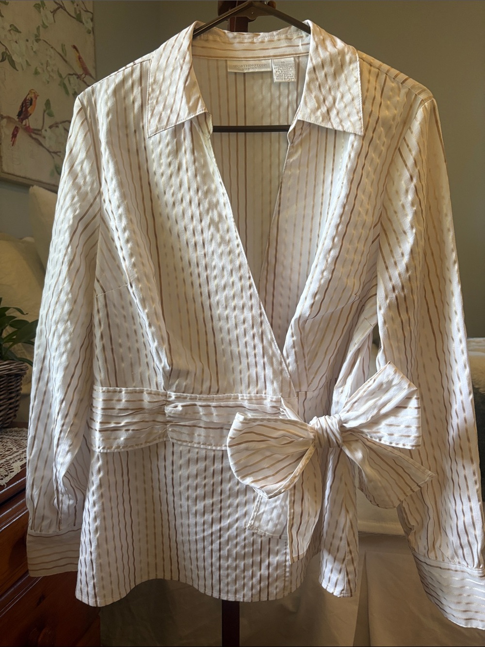 Worthington Cream Wrap Blouse with Gold Stripe Detail